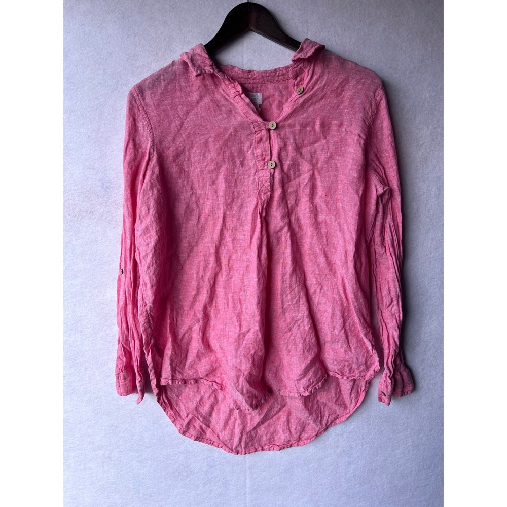 Sigrid Olsen Pink 100% Linen Henley Tunic Top Roll Tab Sleeve Womens Small
